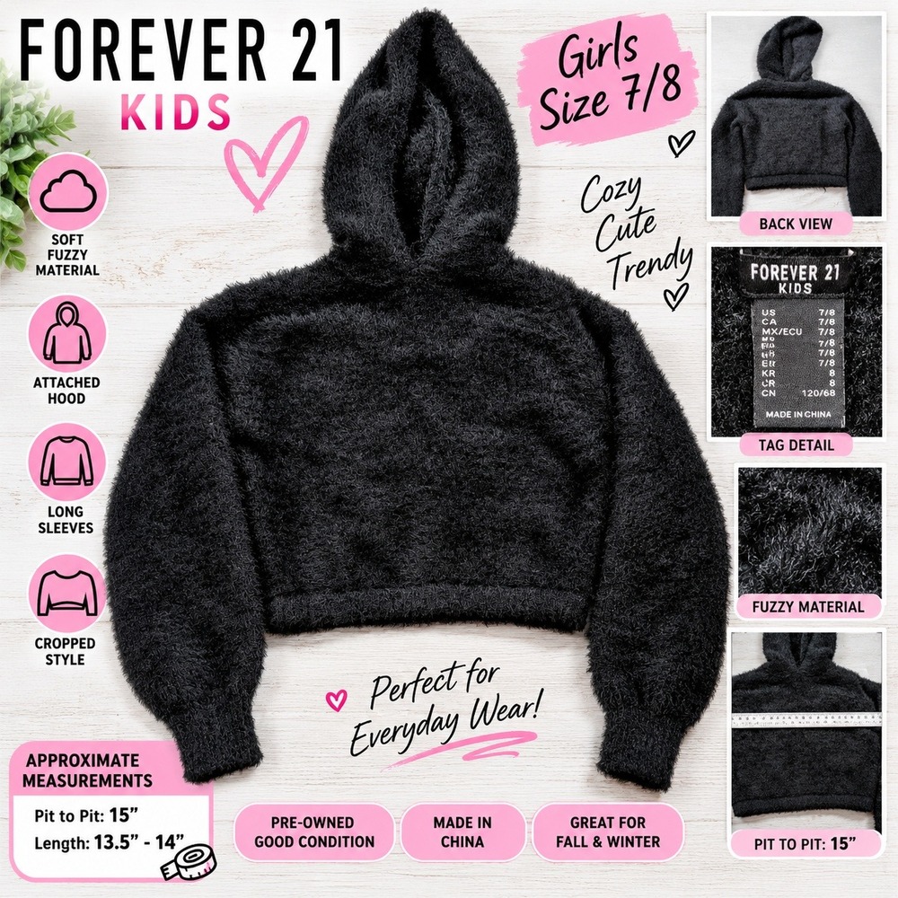 Forever 21 Kids Girls Black Fuzzy Cropped Hoodie Sweater Size 7/8 RN94981